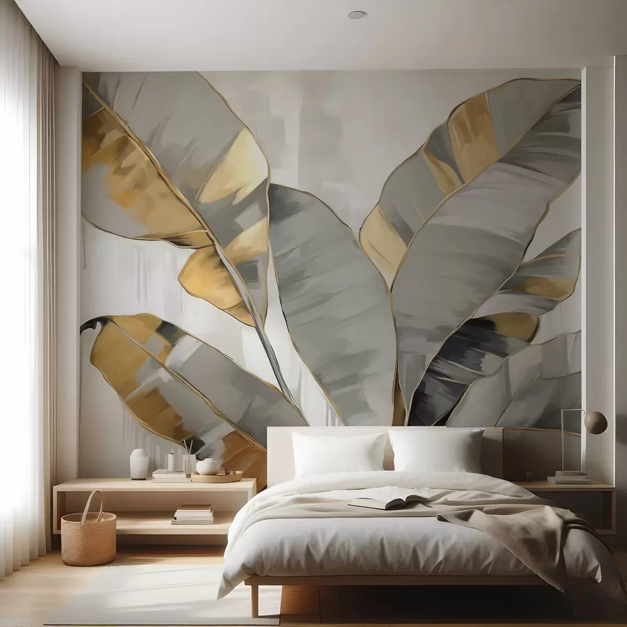 murais de parede Folhas texturizadas de bananeira tropical com tons de cinzento e amarelo, estilo moderno, fundo neutro, pintura decorativa w09118
