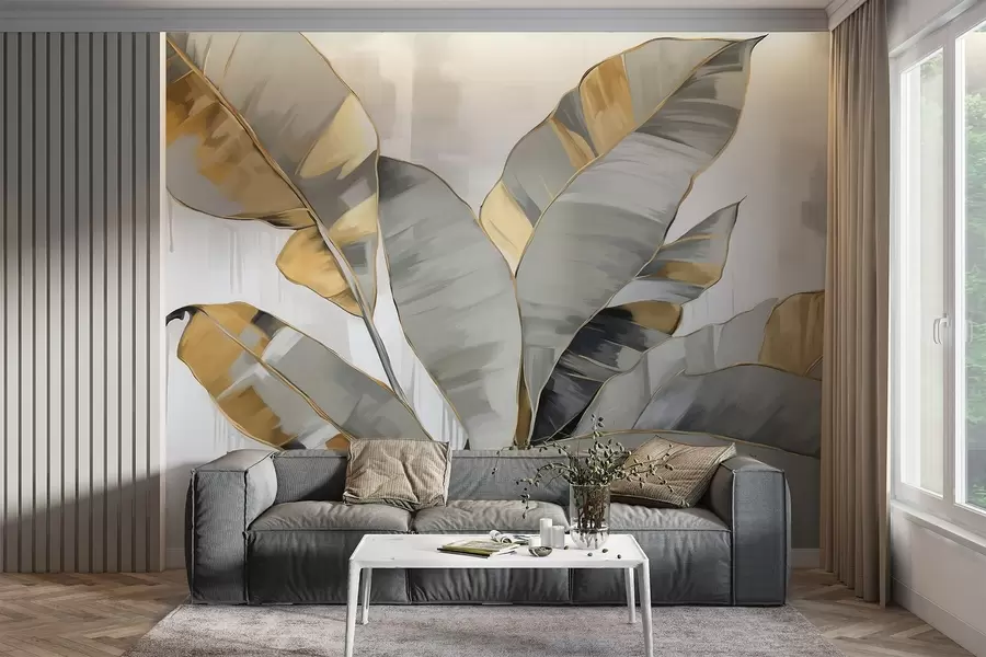 murais de parede Folhas texturizadas de bananeira tropical com tons de cinzento e amarelo, estilo moderno, fundo neutro, pintura decorativa w09118