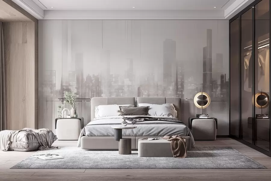murais de parede Paisagem urbana abstrata texturada com edifícios altos e faixas, em tons de cinzento e branco, criando um efeito nebuloso w09119