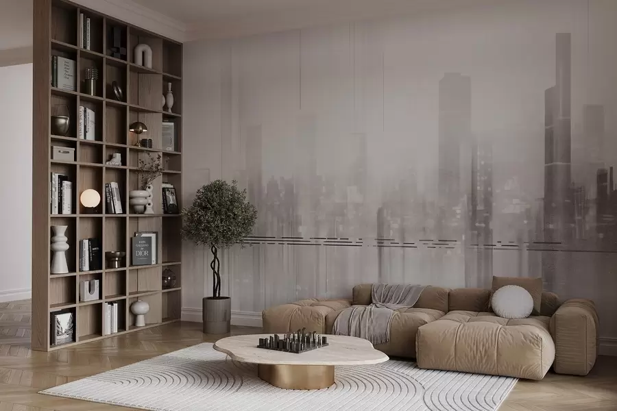 murais de parede Paisagem urbana abstrata texturada com edifícios altos e faixas, em tons de cinzento e branco, criando um efeito nebuloso w09119
