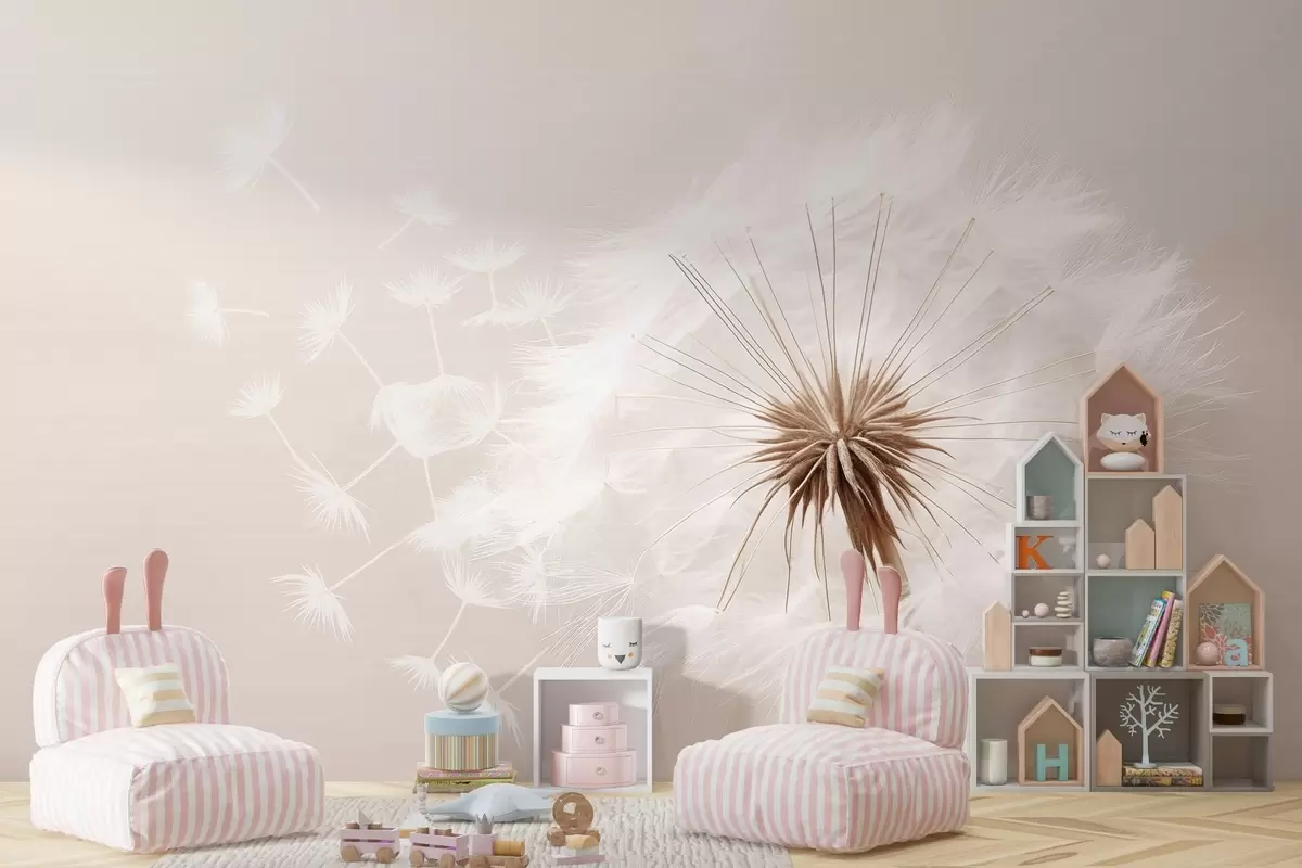 murais de parede Composição floral moderna e suave com uma cabeça de dente-de-leão totalmente desabrochada e sementes flutuantes, sobre uma delicada textura têxtil w03939