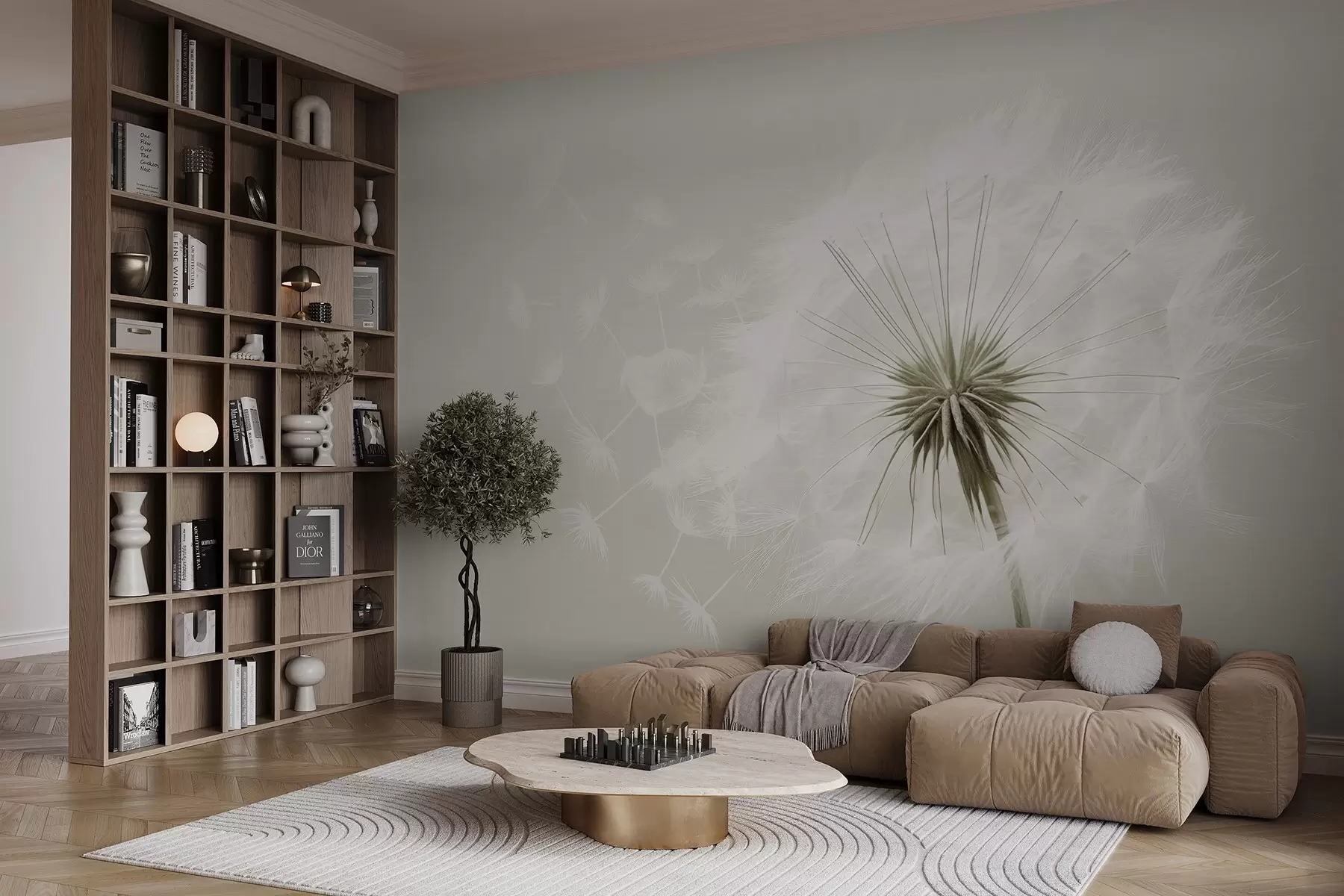 murais de parede Composição floral moderna e suave com uma cabeça de dente-de-leão totalmente desabrochada e sementes flutuantes, sobre uma delicada textura têxtil w03939v1