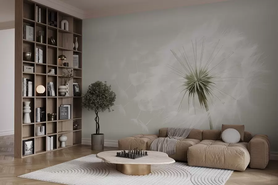 murais de parede Composição floral moderna e suave com uma cabeça de dente-de-leão totalmente desabrochada e sementes flutuantes, sobre uma delicada textura têxtil w03939v1