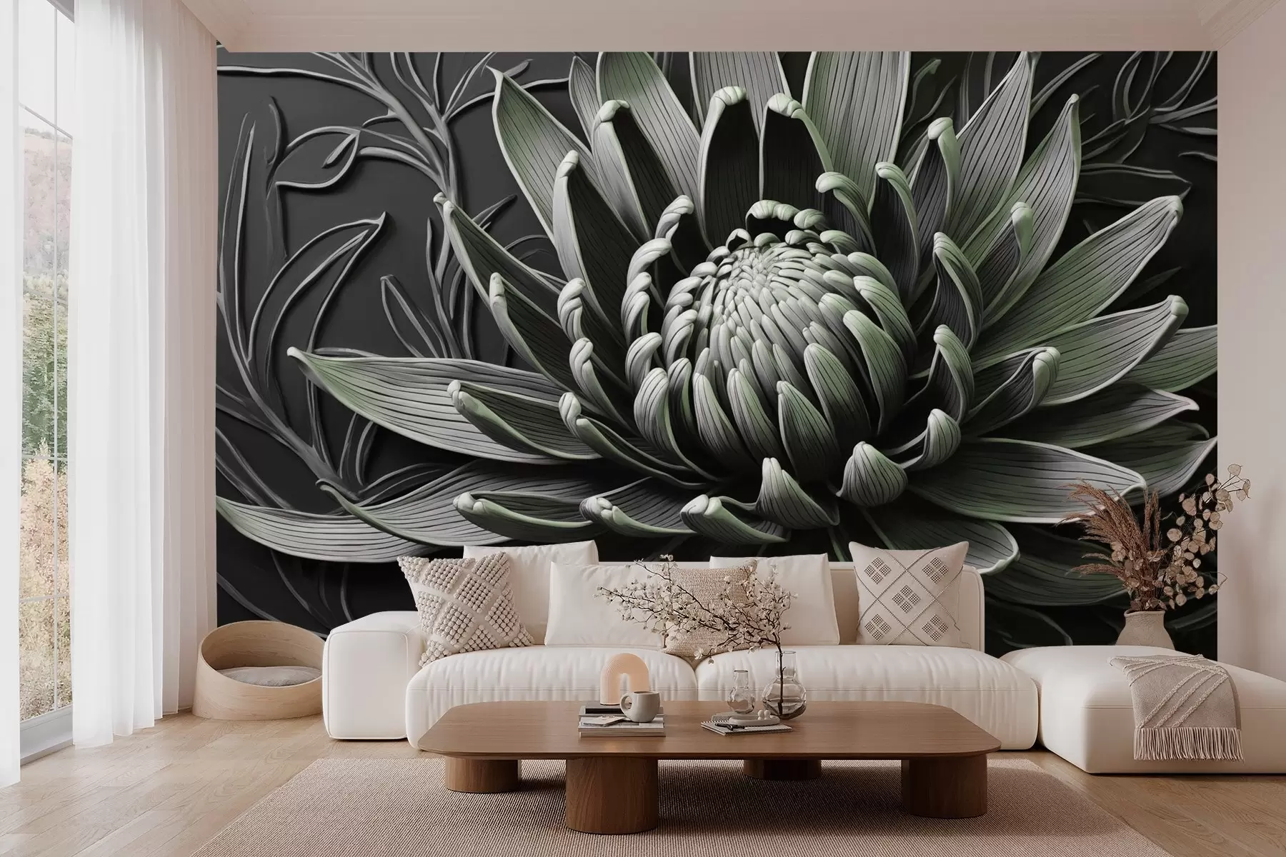 murais de parede Flor Protea, verde e preta w03930v3