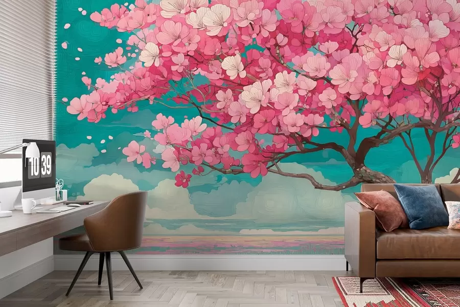 murais de parede Uma cerejeira em flor cor-de-rosa com pétalas a cair e um céu azul num estilo romântico w09120