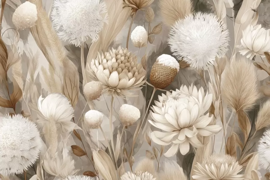 murais de parede Harmonia Boho: Flores texturadas em tons de bege e creme w09121