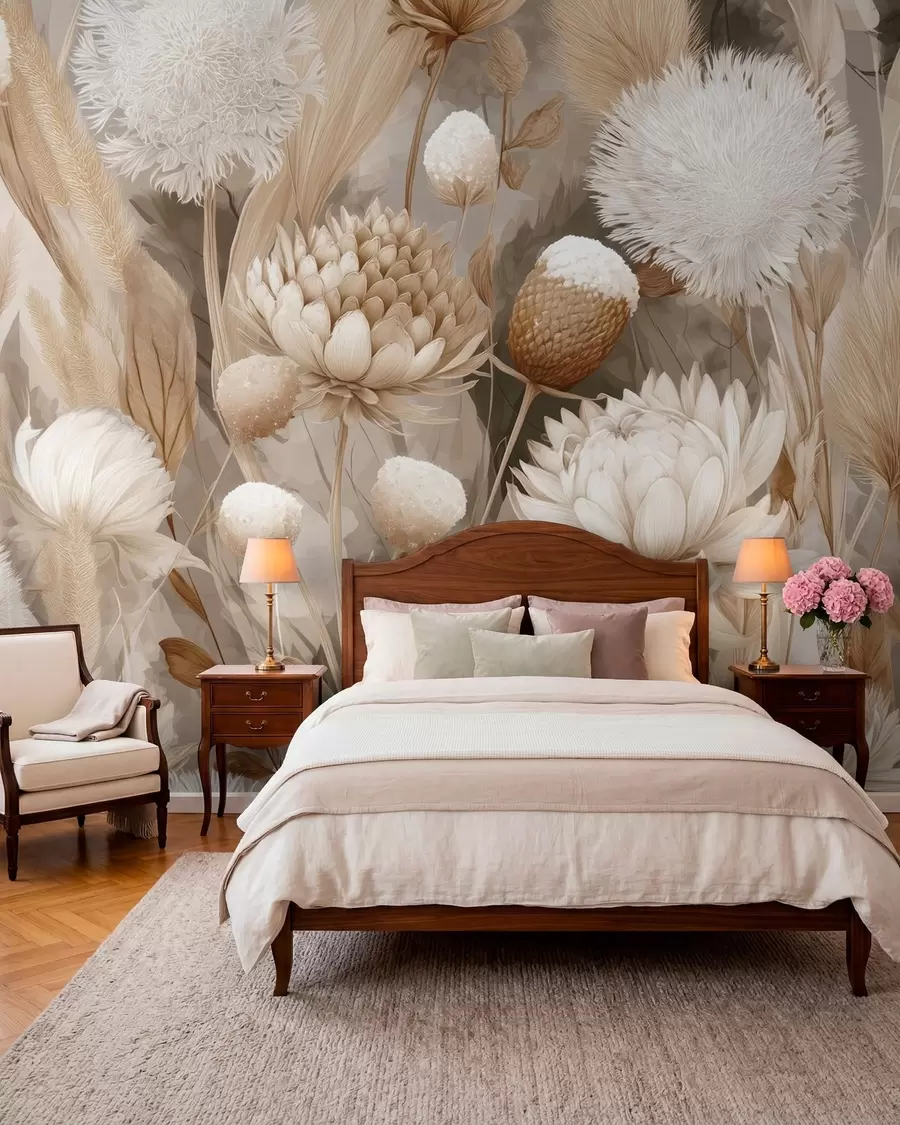 murais de parede Harmonia Boho: Flores texturadas em tons de bege e creme w09121