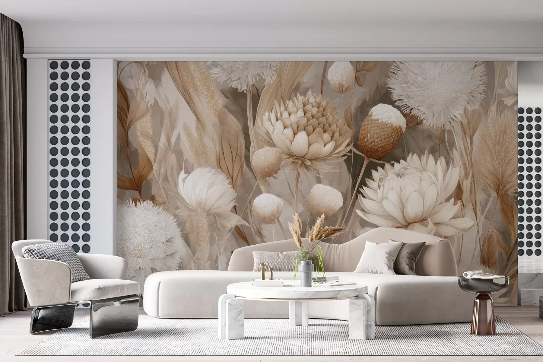 murais de parede Harmonia Boho: Flores texturadas em tons de bege e creme w09121