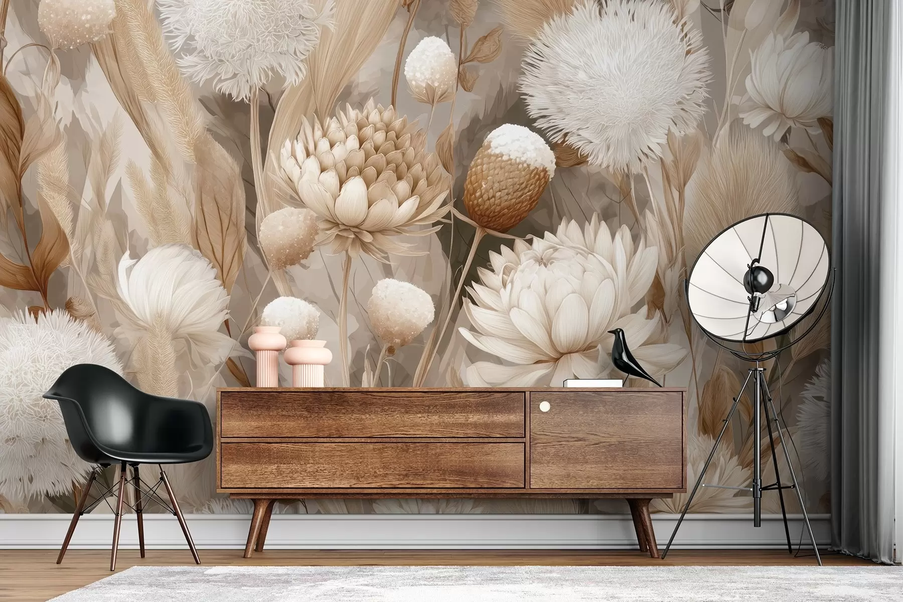 murais de parede Harmonia Boho: Flores texturadas em tons de bege e creme w09121