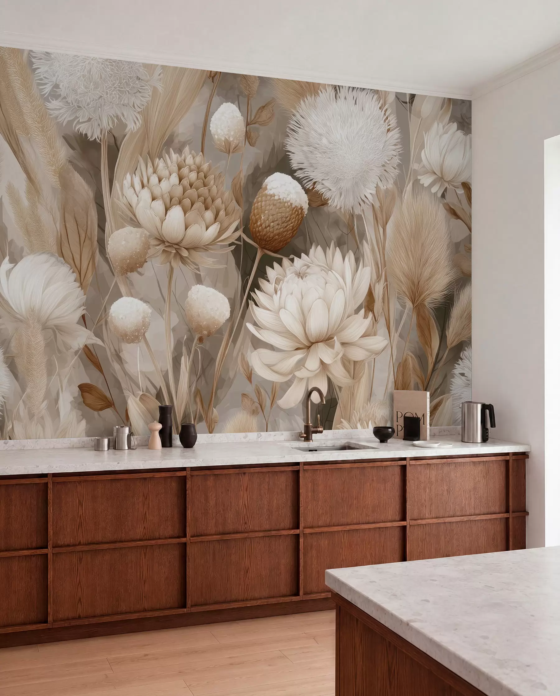 murais de parede Harmonia Boho: Flores texturadas em tons de bege e creme w09121