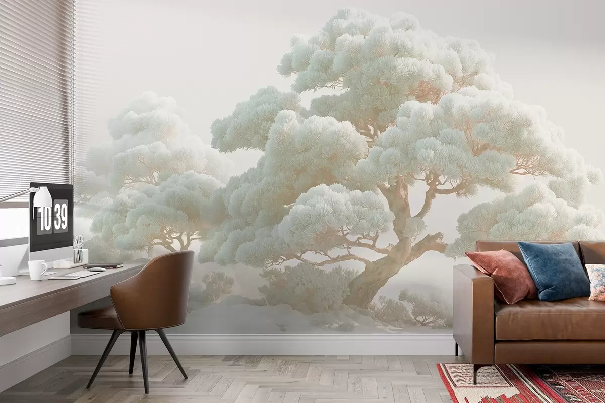 murais de parede Pinheiros no nevoeiro em tons suaves numa floresta w09122