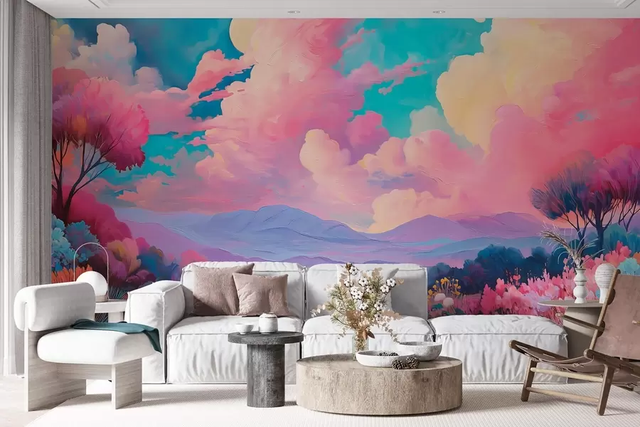 murais de parede Paisagem colorida em estilo de pintura a óleo com um céu cor-de-rosa, plantas e árvores w09123