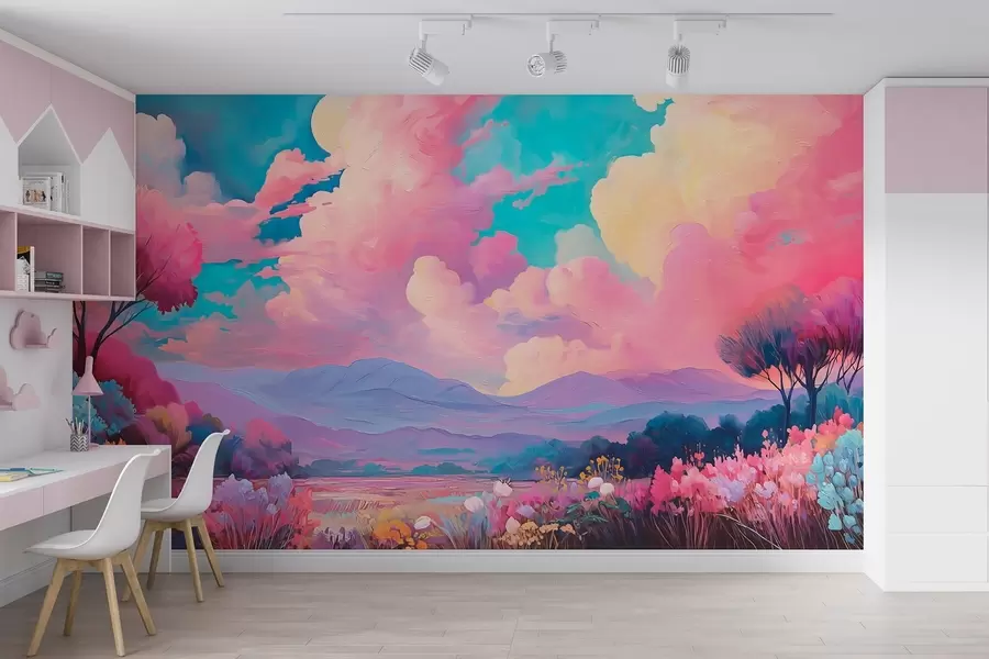 murais de parede Paisagem colorida em estilo de pintura a óleo com um céu cor-de-rosa, plantas e árvores w09123