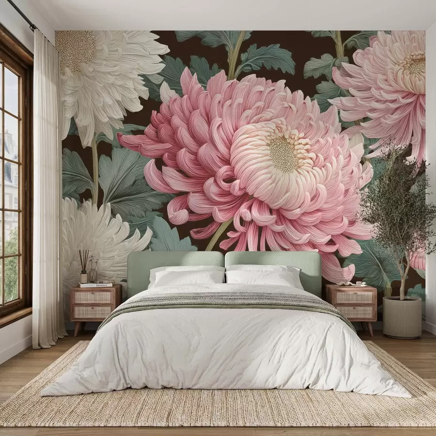 murais de parede Grandes orquídeas cor-de-rosa e brancas com folhas sobre um fundo escuro w09125