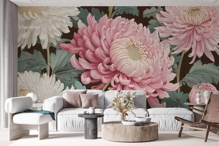 murais de parede Grandes orquídeas cor-de-rosa e brancas com folhas sobre um fundo escuro w09125