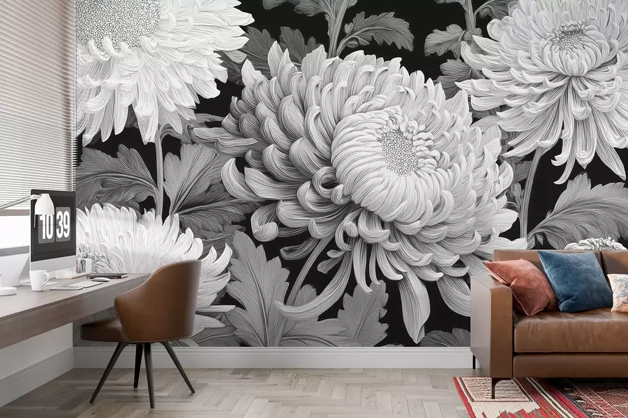 murais de parede Grandes orquídeas pretas e brancas com folhas w09125v1