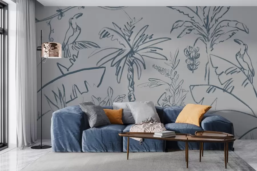 murais de parede Padrão tropical em azul, bananas, palmeiras w04020v1