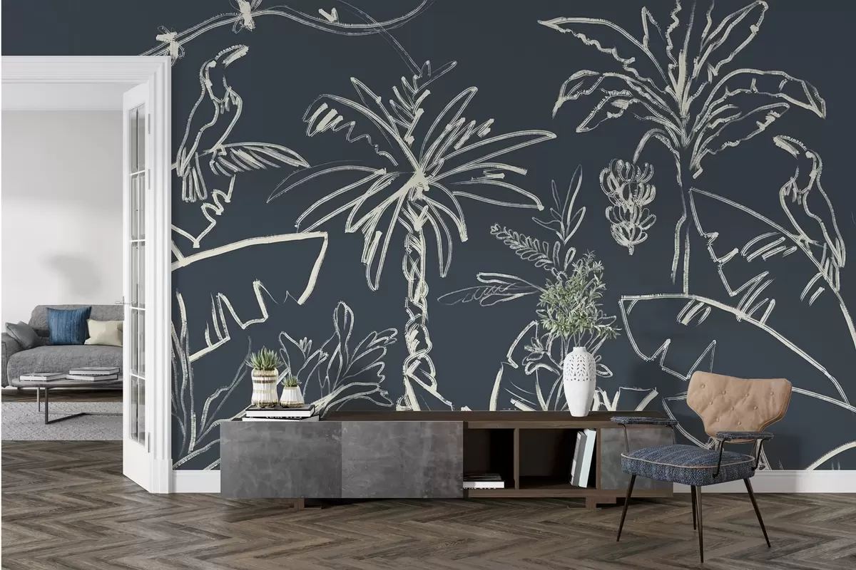 murais de parede Padrão tropical sobre fundo azul escuro, palmeiras, bananas w04020v4