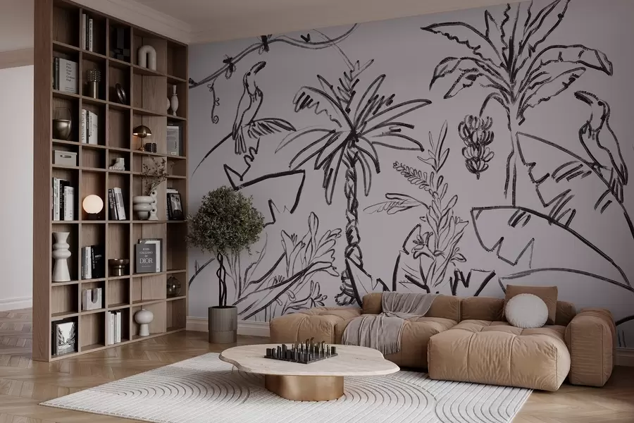 murais de parede Padrão tropical a preto, palmeiras, bananas, gráficos de contorno w04020v7