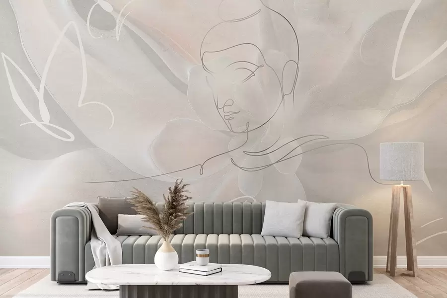 murais de parede Abstração floral com desenho de linhas de Buda, cores bege w04004