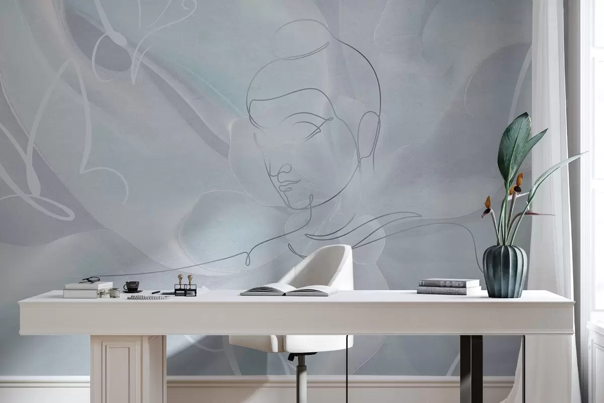 murais de parede Abstração floral com desenho de linhas de Buda, cores azuis w04004v1