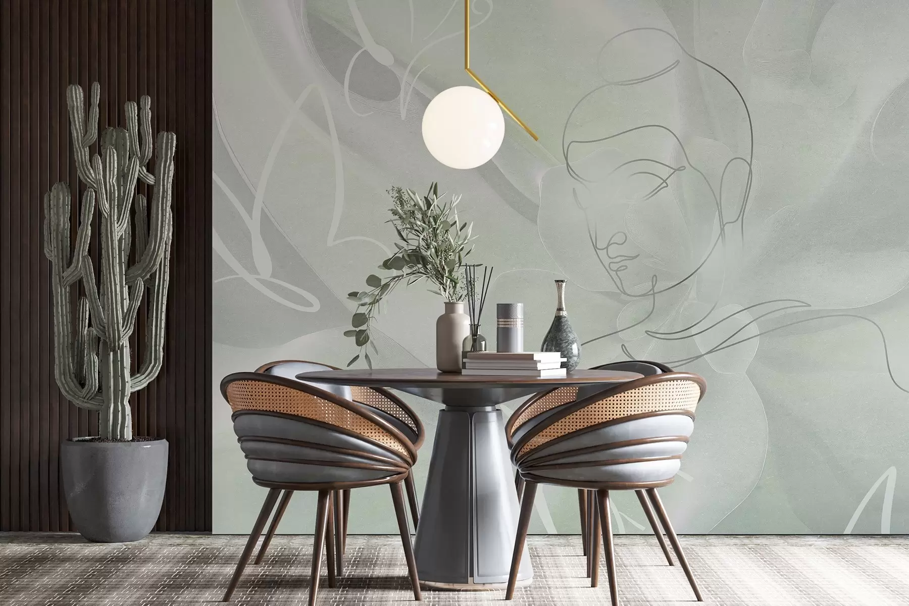 murais de parede Abstração floral com desenho de linhas de Buda, cores verdes w04004v3