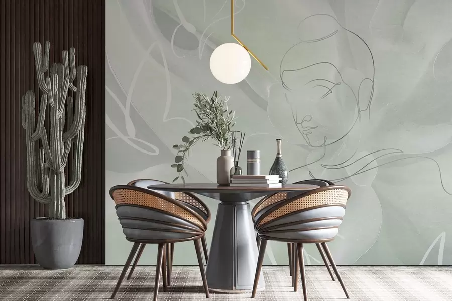 murais de parede Abstração floral com desenho de linhas de Buda, cores verdes w04004v3