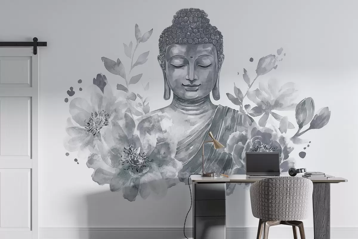 murais de parede Buda em aguarela com flores, espiritual, paleta de cores cinzenta  w04005v1