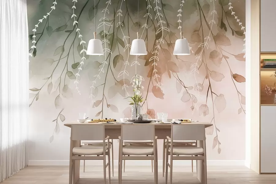 murais de parede Ramos com folhas em estilo aguarela, cores naturais de outono w04007v1