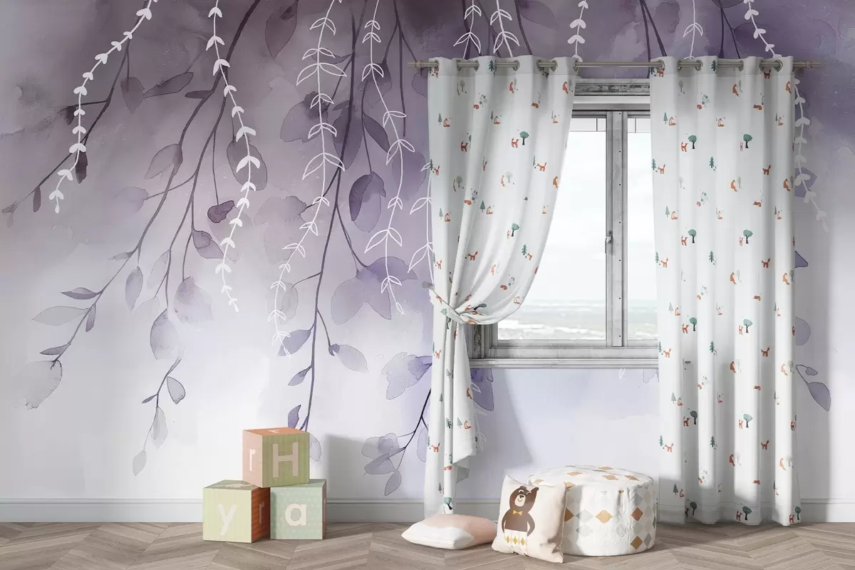 murais de parede Ramos com folhas em estilo aguarela, cores púrpura naturais w04007v2