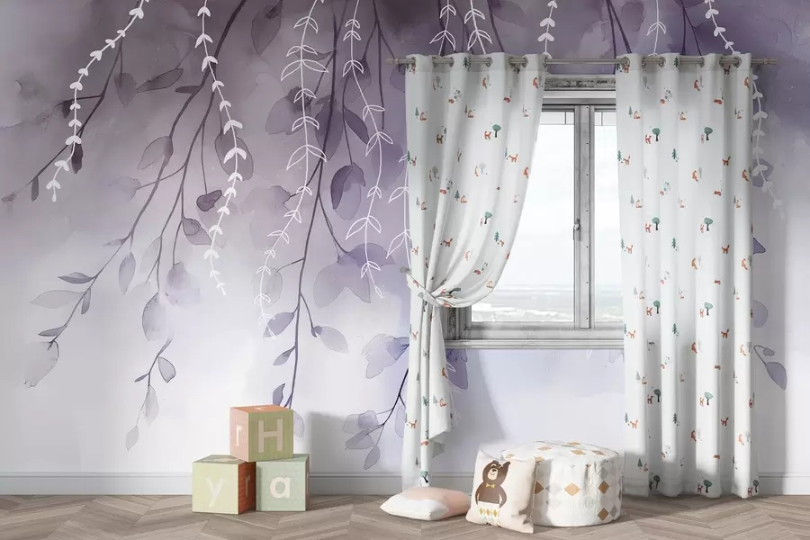 murais de parede Ramos com folhas em estilo aguarela, cores púrpura naturais w04007v2