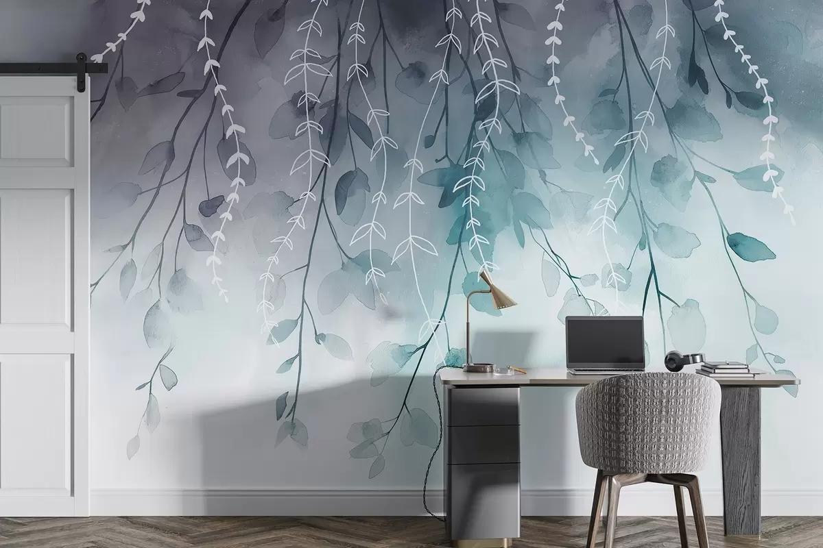 murais de parede Ramos com folhas em estilo aguarela, cores naturais água-marinha w04007v3