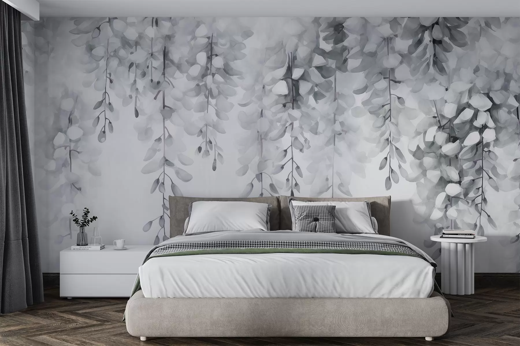 murais de parede Aguarela monocromática com glicínias em cascata em tons frios de prata e branco, evocando a quietude e a suavidade do inverno w04034v1