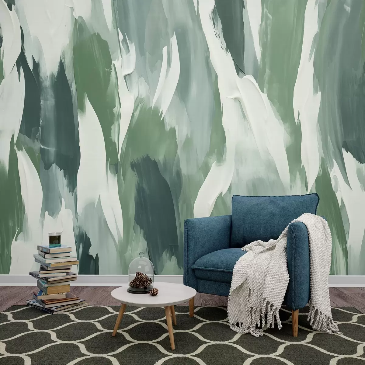 murais de parede Textura abstrata de pinceladas arrojadas em verde e creme, evocando o ritmo da folhagem soprada pelo vento e o movimento orgânico w04035