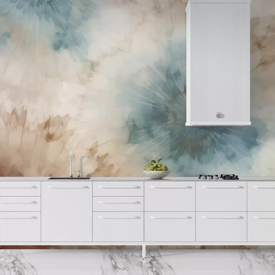 murais de parede Explosões radiantes em tons de azul-celeste, argila e ocre criam uma suave interação entre a energia firme e a expansão arejada, evocando o pulsar da natureza w04036