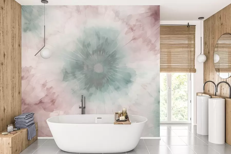 murais de parede Padrão radial em aguarela que mistura verdes enevoados e rosas empoeirados, evocando a suavidade do orvalho da manhã e o primeiro sopro do dia w04036v2