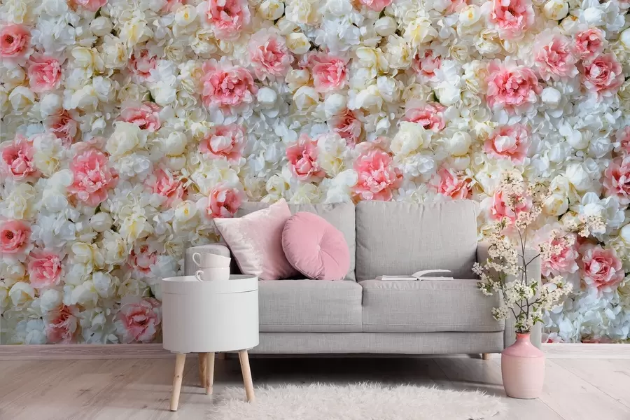murais de parede um muro de peónias em flor w03963