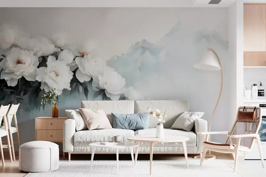 murais de parede pitorescas peónias brancas e exuberantes contra o pano de fundo de montanhas enevoadas w03965