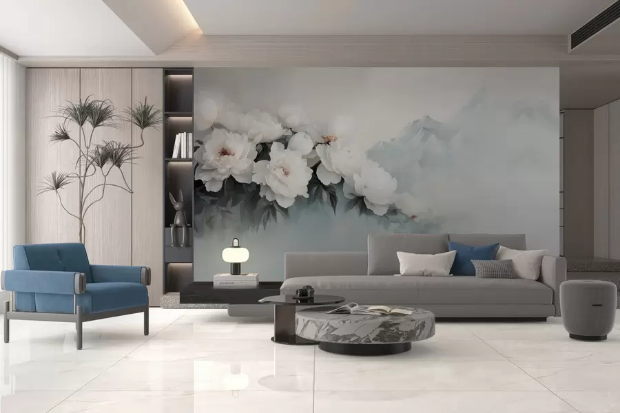 murais de parede pitorescas peónias brancas e exuberantes contra o pano de fundo de montanhas enevoadas w03965