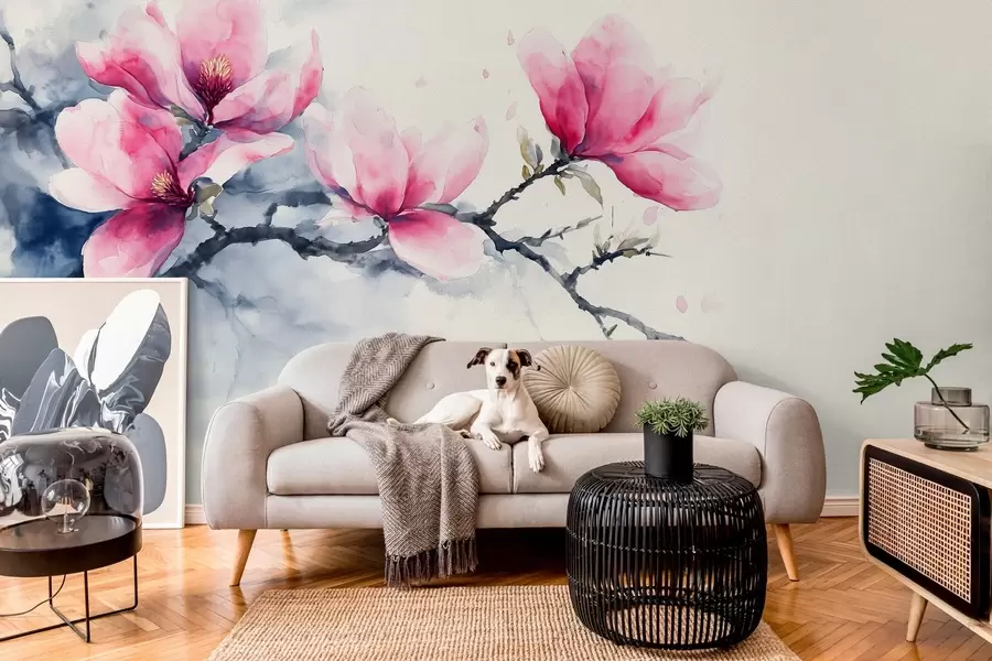 murais de parede ramo florido de magnólia cor-de-rosa sobre um fundo marfim w04027