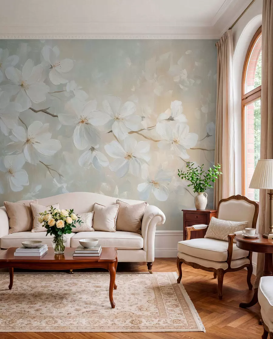 murais de parede delicado ramo de alperce em flor ao estilo de uma pintura a óleo em tons pastel w04029