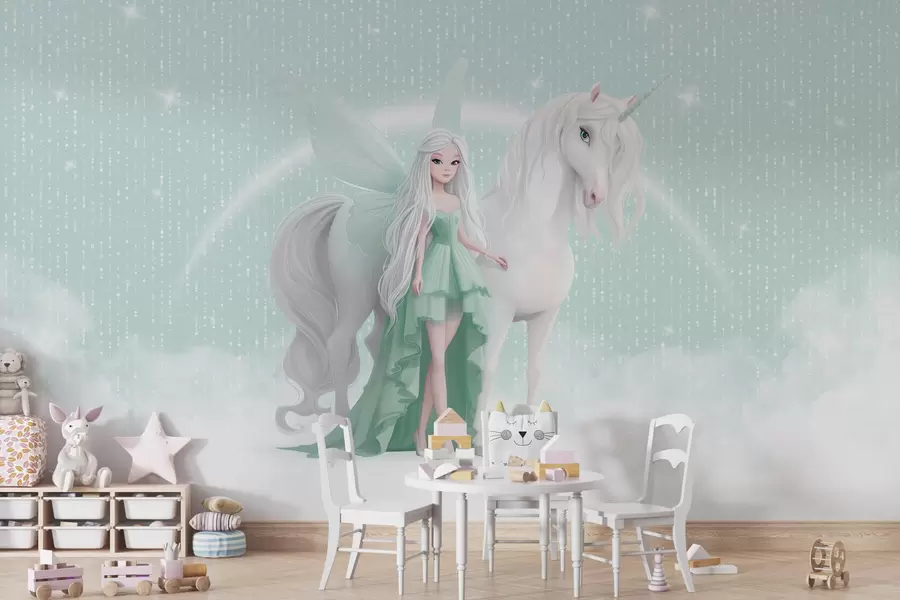 murais de parede Uma fada com um unicórnio entre as nuvens w03527v2