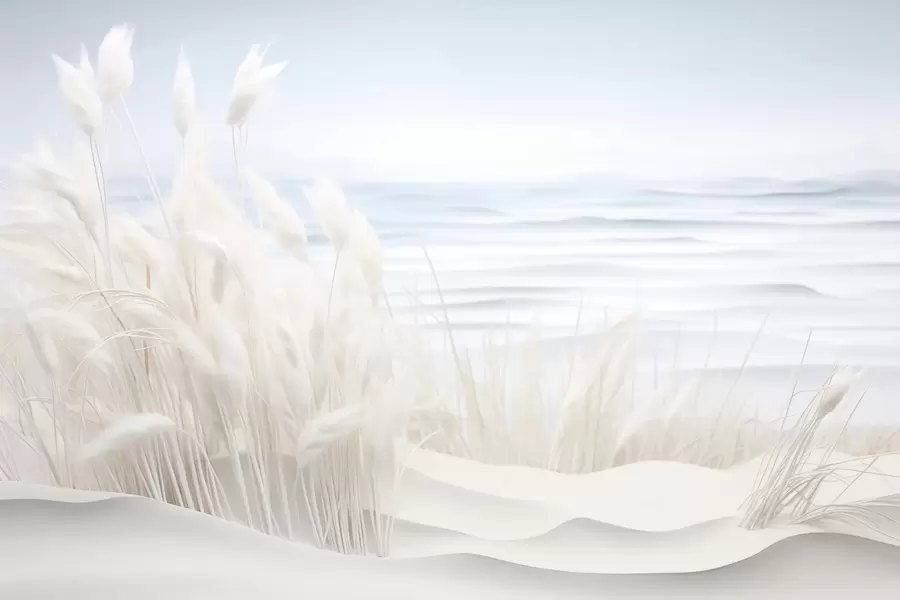 murais de parede Paisagem com erva dos pampas branca numa duna de areia, com um oceano azul claro ao fundo, estilo suave e minimalista w09132