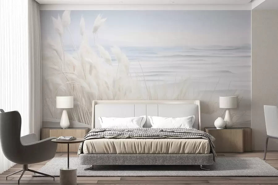 murais de parede Paisagem com erva dos pampas branca numa duna de areia, com um oceano azul claro ao fundo, estilo suave e minimalista w09132