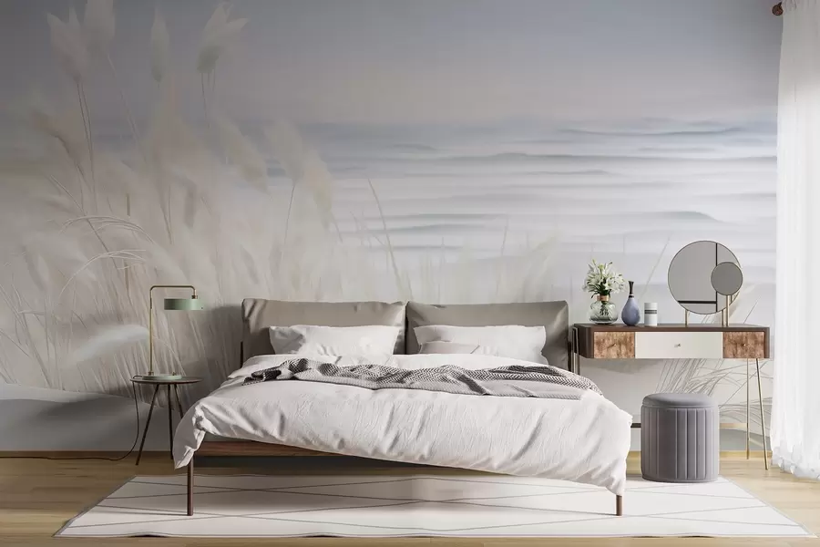 murais de parede Paisagem com erva dos pampas branca numa duna de areia, com um oceano azul claro ao fundo, estilo suave e minimalista w09132