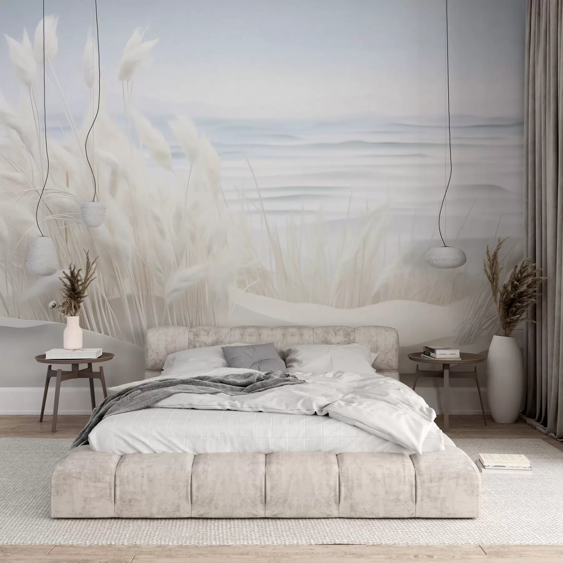 murais de parede Paisagem com erva dos pampas branca numa duna de areia, com um oceano azul claro ao fundo, estilo suave e minimalista w09132