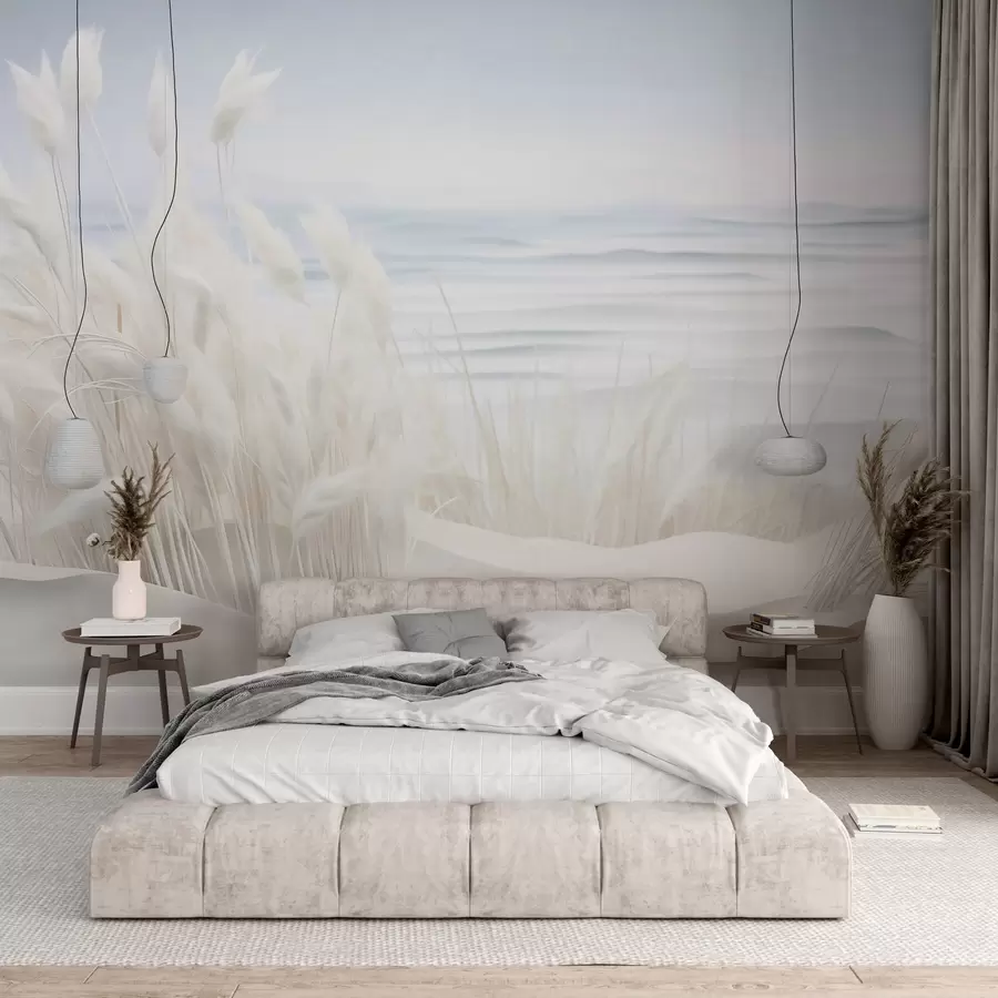 murais de parede Paisagem com erva dos pampas branca numa duna de areia, com um oceano azul claro ao fundo, estilo suave e minimalista w09132