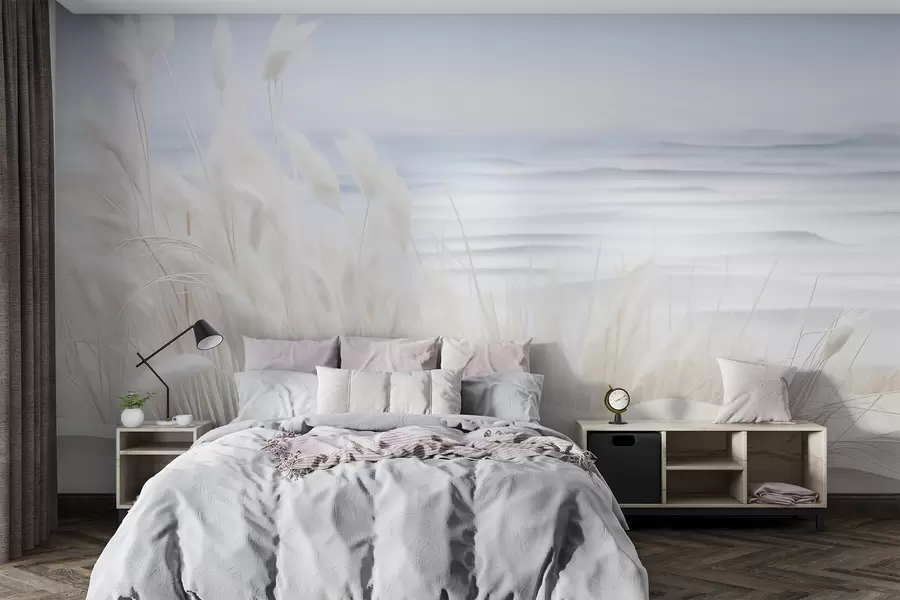 murais de parede Paisagem com erva dos pampas branca numa duna de areia, com um oceano azul claro ao fundo, estilo suave e minimalista w09132