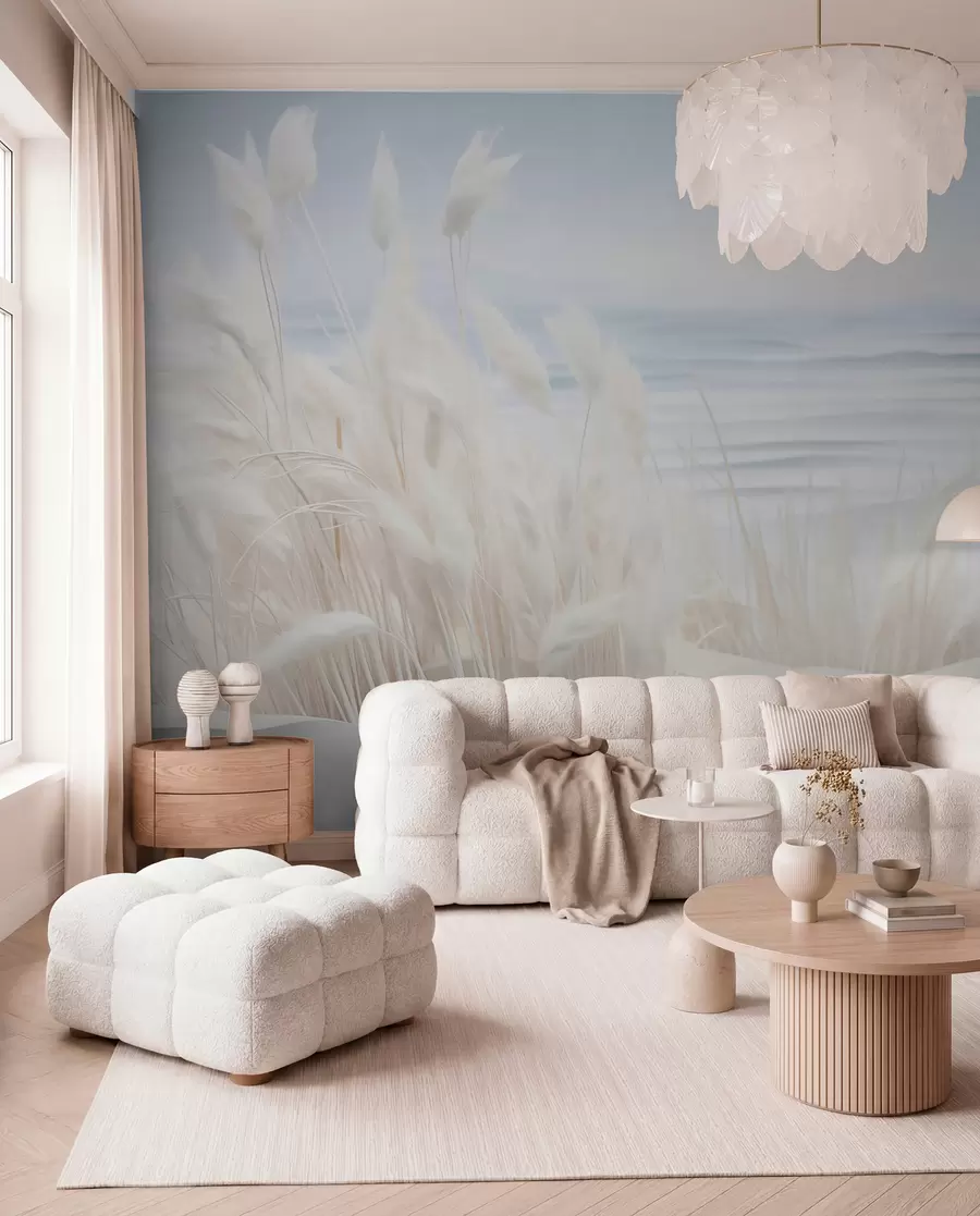 murais de parede Paisagem com erva dos pampas branca numa duna de areia, com um oceano azul claro ao fundo, estilo suave e minimalista w09132