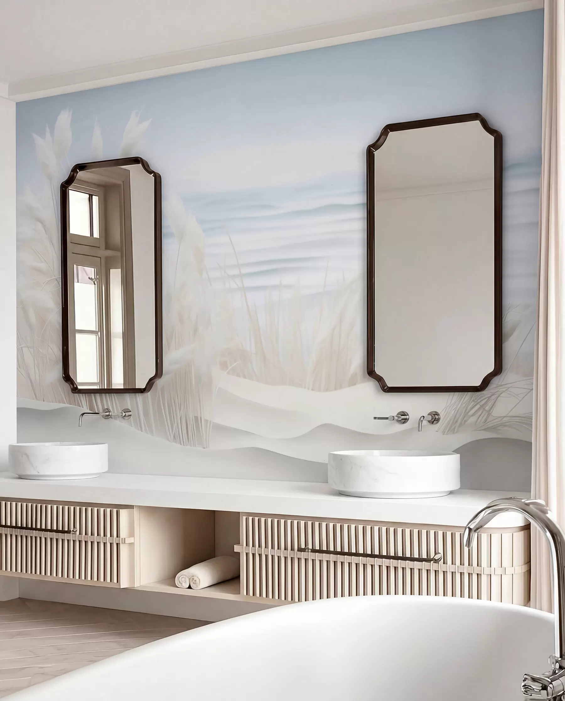 murais de parede Paisagem com erva dos pampas branca numa duna de areia, com um oceano azul claro ao fundo, estilo suave e minimalista w09132